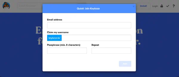 Keybase のアカウント登録画面
