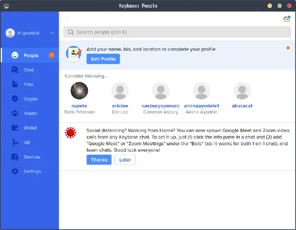 Keybase クライアントでのログイン後の画面