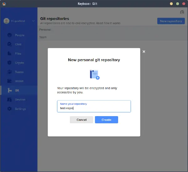 Keybase Git リポジトリの作成画面